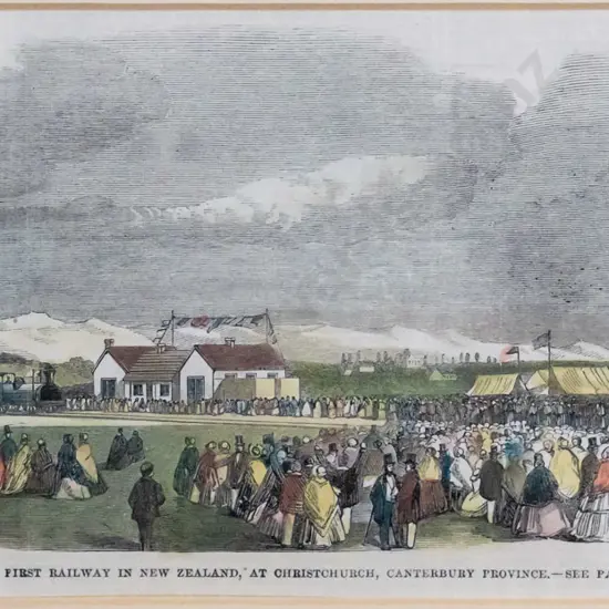 framed engraving - Opening of first railway in New Zealand, Christchurch H-110 W-250