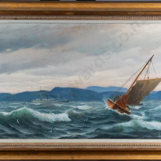 illegible signature - framed oil - boats H-240 W-460
