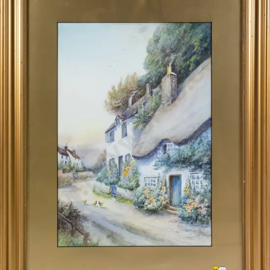 gilt framed watercolour - village scene H-530 W-370