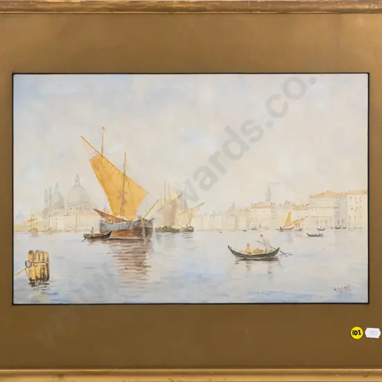 L Lane - framed watercolour - harbour scene H-260 W-410