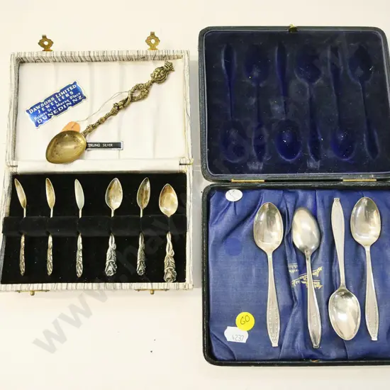 5 cased sterling silver teaspoons, set of 6 sterling silver coffee spoons, and a brass souvenir Medici teaspoon