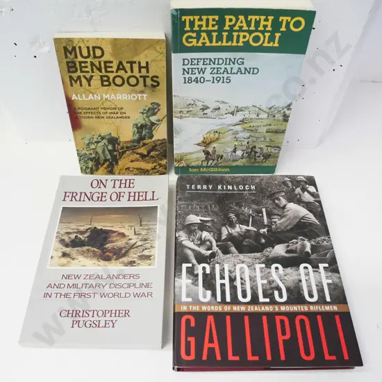 4 NZ military books: Gallipoli & Europe, WWI military discipline, Kinloch, Pugsley, McGibbon etc.