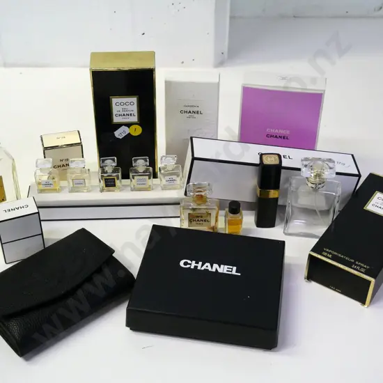 assorted Chanel items - boxed leather wallet empty perfume boxes & bottles some with part contents,