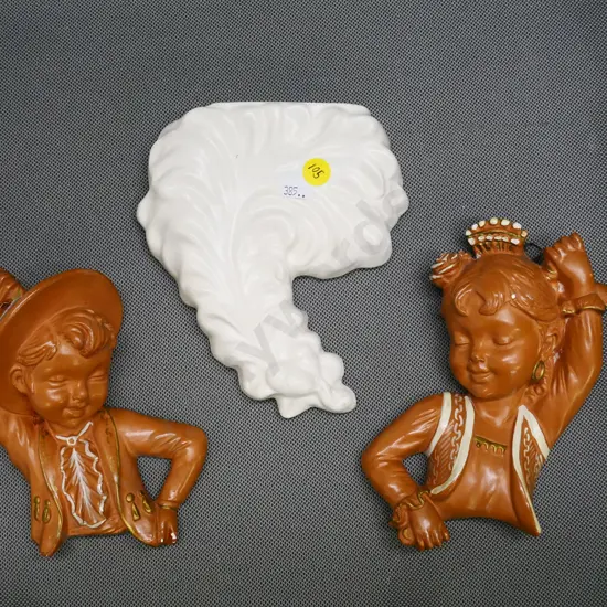 pair of Italian terracotta wall hanging dancing figures, one with chip in paint, H-190 and a white wall pocket vase