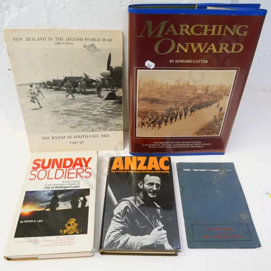 4 NZ military books: regimental histories, RNZAF in Southeast Asia, The Story of the Anzac Soldier etc.