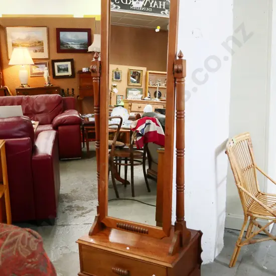 deco style mahogany full length cheval mirror with lower drawer, turned supports H1660 W580 D400
