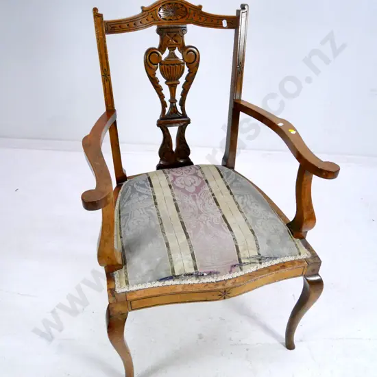 Edwardian carved-splat cab-leg carver chair, needs re-upholstering H-880 W-560 D-550