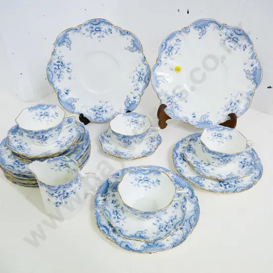 antique English china blue and white part tea set - crack to one cup