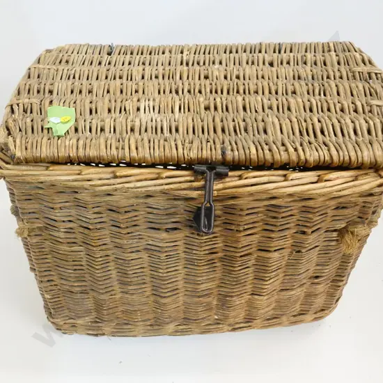 vintage willow cane hamper with metal clasp, some wear H-420 W-530 D-340