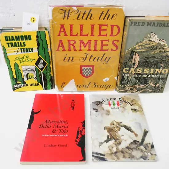 5 NZ military books, Italy campaign - Cassino, North from Taranto, Martyn Uren, Edward Seago, Lindsay Good