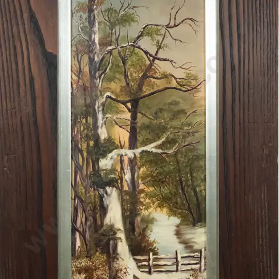 framed oil - tree and river scene H-600 W-230