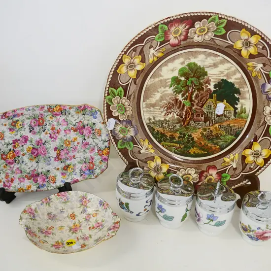 English china: Coalport Pastoral cabinet plate, 2 AOF dishes (Royal Winton, Nelson Ware) 4 Royal Worcester egg coddlers