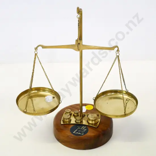 modern reproduction brass balance scales with weights on wooden base H-235 W-200