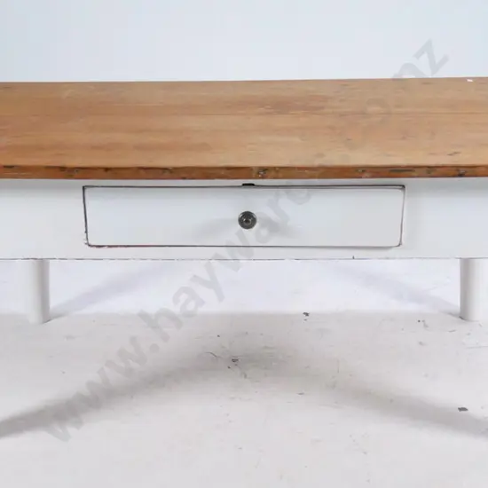 vintage kitchen table cut down to coffee table height, single drawer, painted base H-550 W-1240 D-680