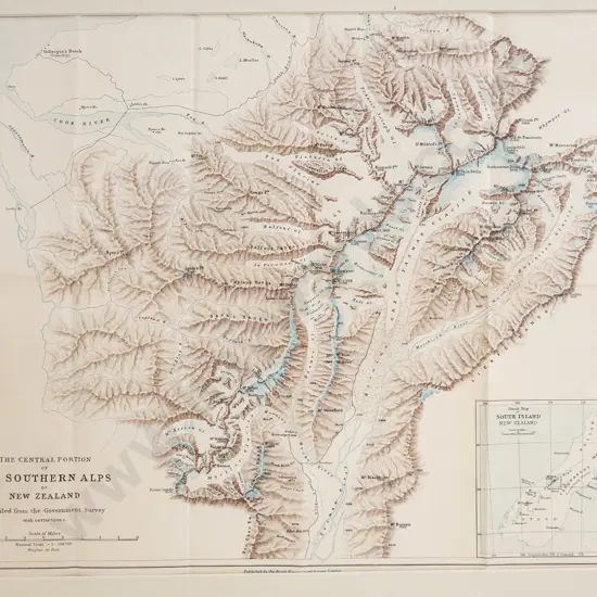 mounted map of the Southern Alps, published by Royal Geographical Society London H-385 W-455