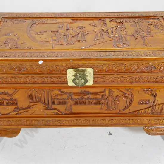 Chinese hand-carved camphorwood chest with brass hardware, internal tray - minor wear H-490 W-890 D-430