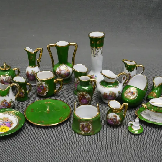 18 pieces of miniature Limoges china - green, white and gold - tallest is h-100
