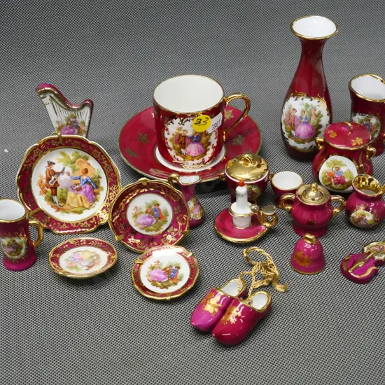 20 pieces of miniature Limoges china - red and gold - tallest is h-110