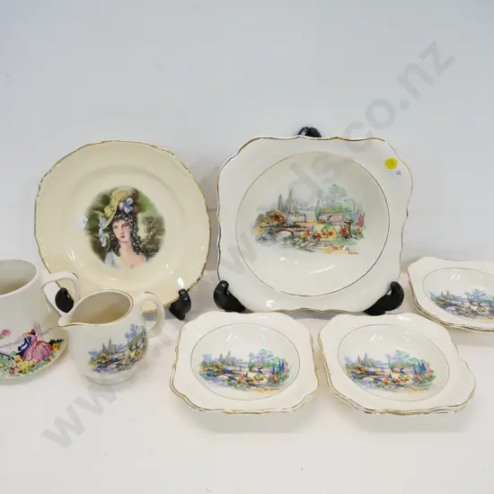 assorted china - Lancaster & Sandland 7-piece fruit set & 2 jugs, Crown Lynn plate D-220