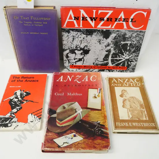 5 NZ military history books: Anzac Newsreel, Brian Clark, Frank Westbrook, Stanley Sherman Wright, etc.
