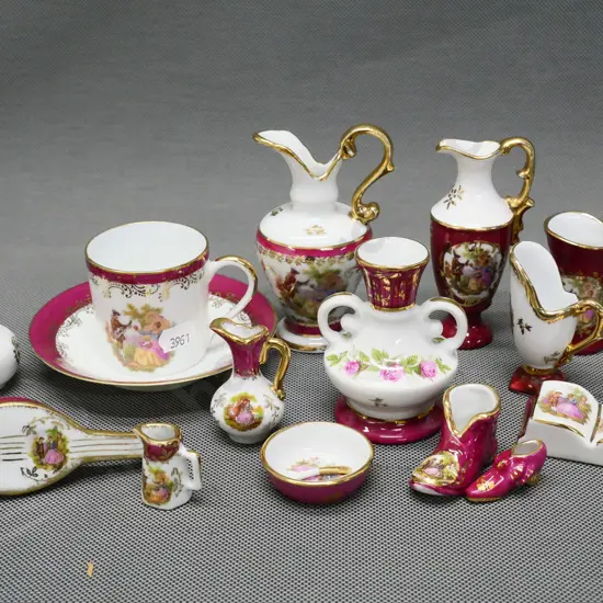 15 pieces of miniature Limoges china - red, white and gold - tallest is h-100