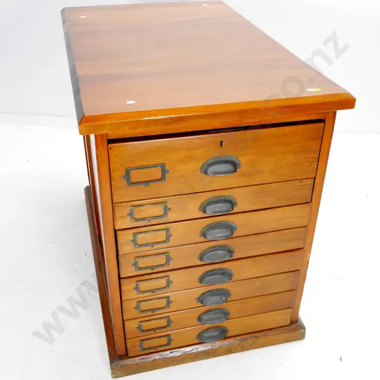kauri chest of 8 filing drawers with hinged dividers in lower 7 drawers, brass cup handles, label holders H770 W580 D930