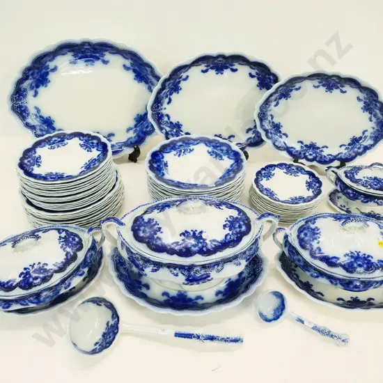 large collection of Johnsons Oregon flow-blue dinnerware incl. 4 tureens, 2 ladles, 3 ashetts - small chips to 3 plates