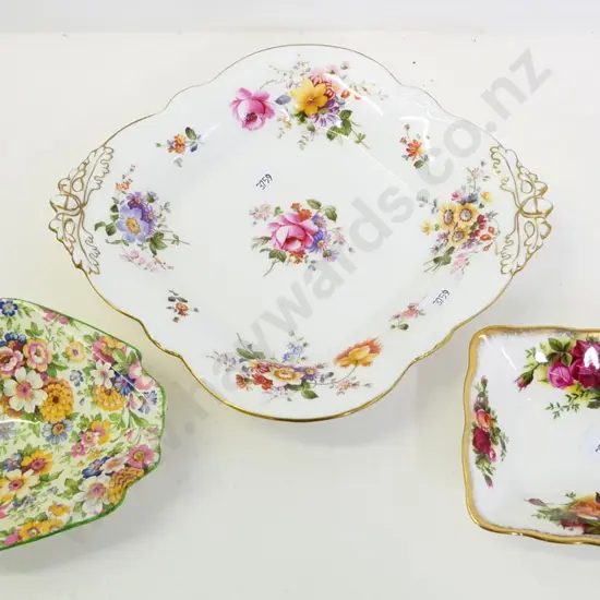 Royal Crown Derby biscuit plate, Royal Albert Old Country Roses sweet dish D230, and a Ducal all-over-floral sweet dish