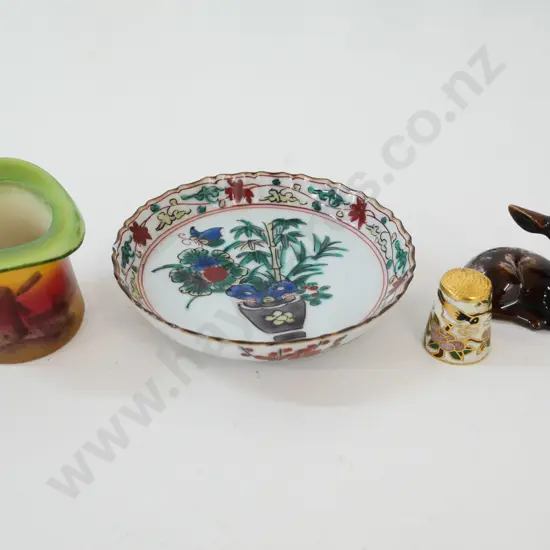 4 assorted small items - Foley china top hat, Kutani dish, deer figurine, cloisonne thimble