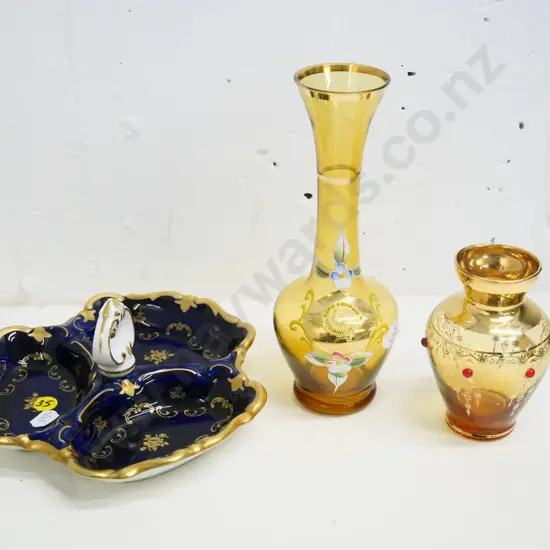2 Venetian glass style vases and a cobalt and gold German 3-part segmented dish. Taller vase H-200