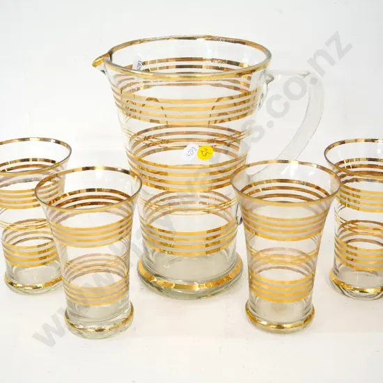 retro glass water set with gold banding - 4 glasses, one has chip to rim, jug is H-220