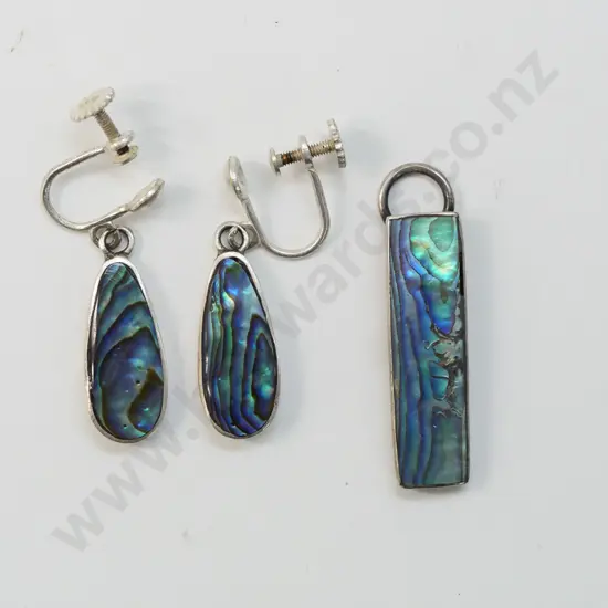 pair of paua shell screw on earrings stamped stg & paua shell pendant no chain, no mark