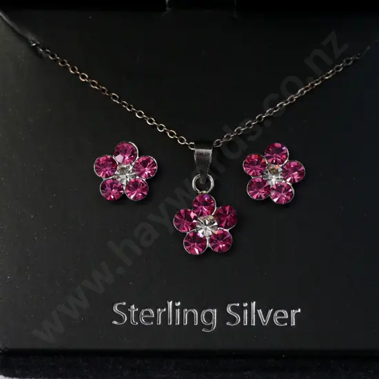 pink cz flower pendant & earring set stamped 925