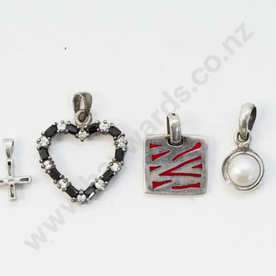 cross pendant, pearl pendant, garnet & cz heart shaped pendant & silver square pendant all silver and all stamped 925
