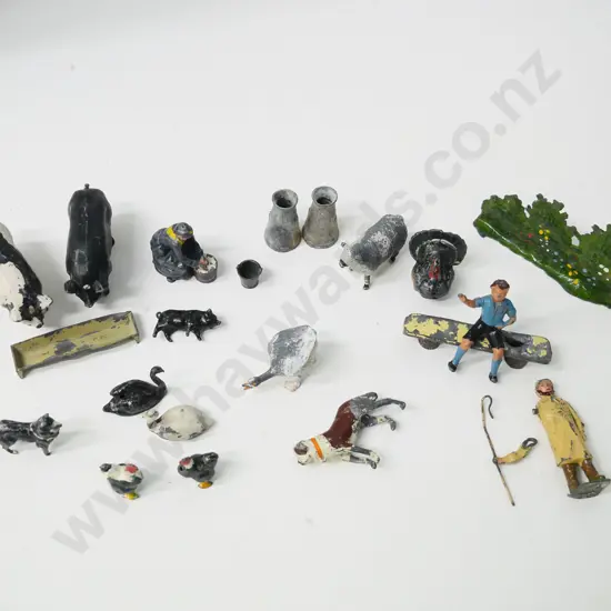 assorted vintage lead farm animals and people - variable condition, paint wear, damage to farmer, etc.