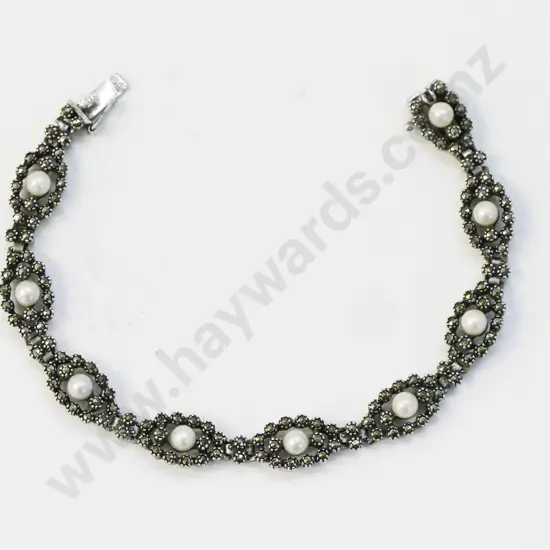 marcasite & pearl bracelet stamped silver 925