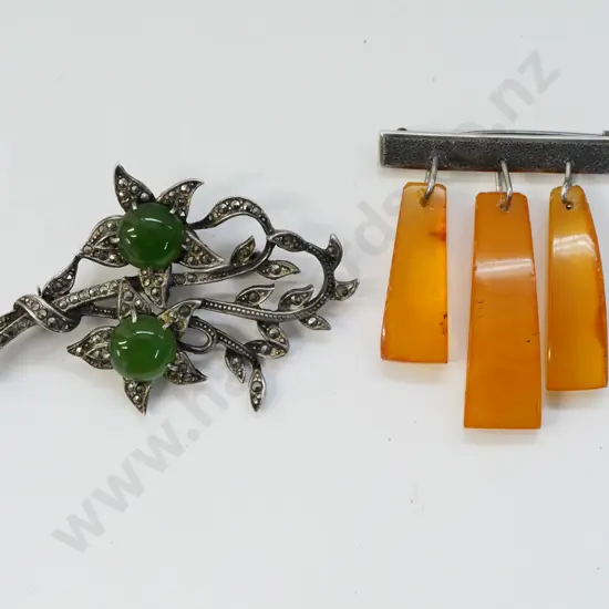 marcasite & greenstone brooch & bar brooch