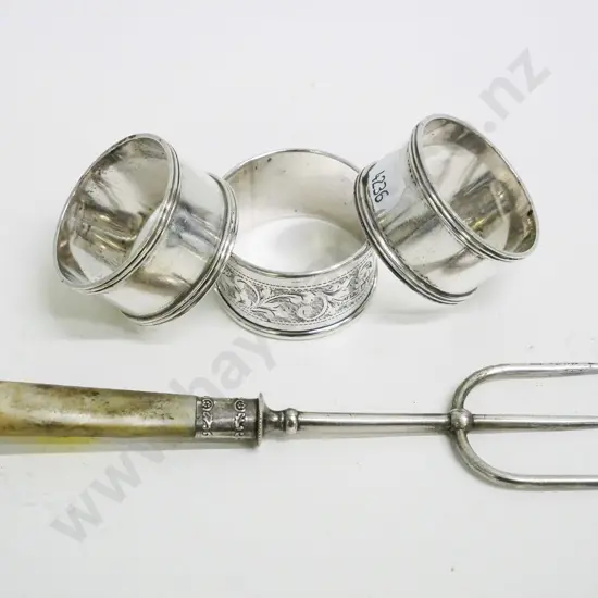 3 sterling silver napkin rings, one has etched pattern, and a serving fork with sterling mount & mother of pearl handle