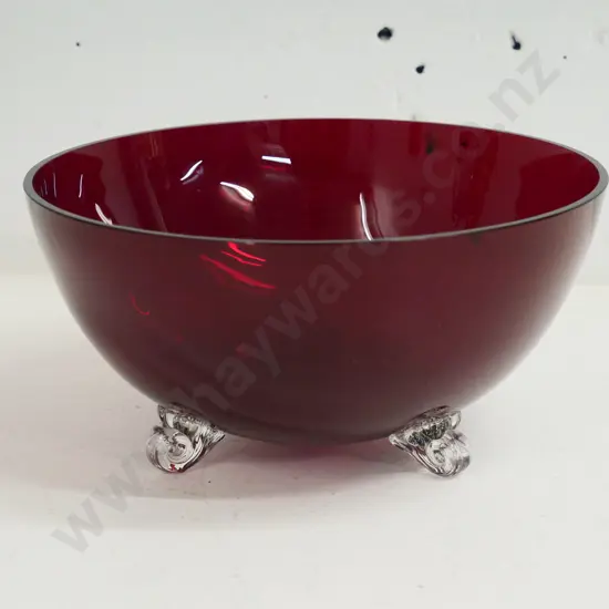 ruby glass bowl with 3 clear glass feet H-100 Diameter 210