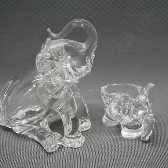 2 glass elephants - sitting figure H-190 and smaller with moulded pin bowl or ashtray