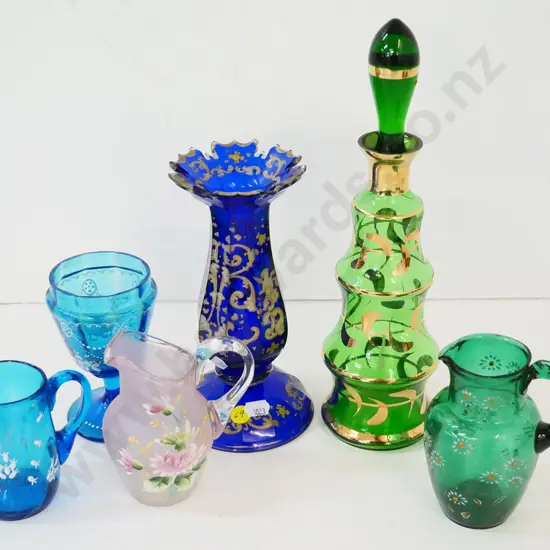 6 pieces of decorated coloured glass - 3 jugs, decanter H-300, vase and stemmed glass