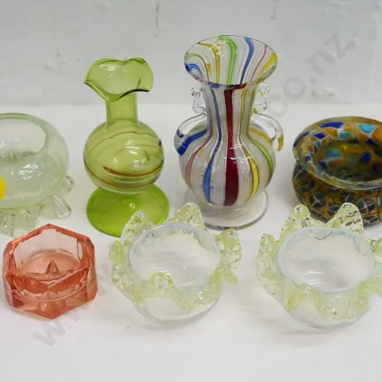 assorted glass items: 3 uranium glass open salts, one w/ chips to rim, mille fiore dish, 2 vases, pink dish