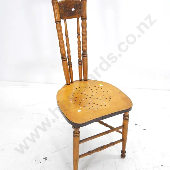 3 legged chair with spindle legs and back, carved top rail, pierced seat H-970 W-400 D-390