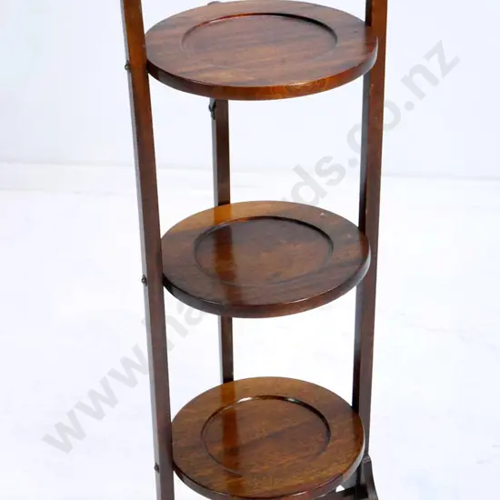 mahogany folding 3-tier cake stand, loose leg needs attention H-910 W-260 Trays D-240