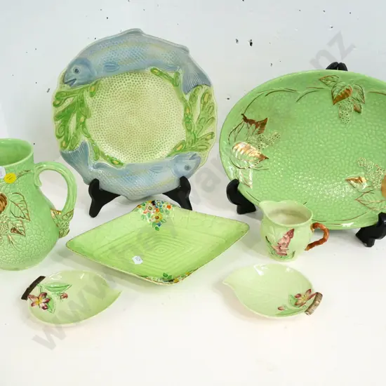English china green glaze salad ware - Maling Emerald Gold jug & ashett, Melba fish plate, 3 pieces Carlton ware