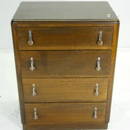 deco oak 4-drawer chest with bakelite and chrome handles, lower drawer needs new stop H-900 W-670 D-430