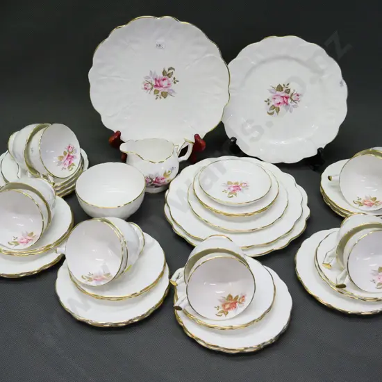 Aynsley Pink Rose 42-piece tea set including 12 trios, and extra saucers, plate, & pin dish