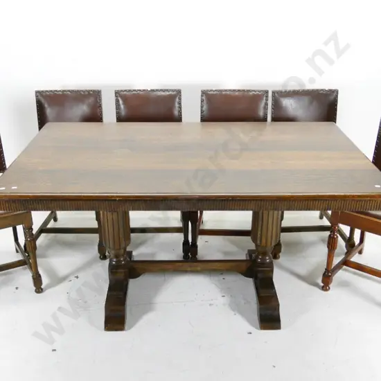 oak deco style twin column dining table w/6 studded leatherette chairs, wear to polish on top H750 L1520 W900