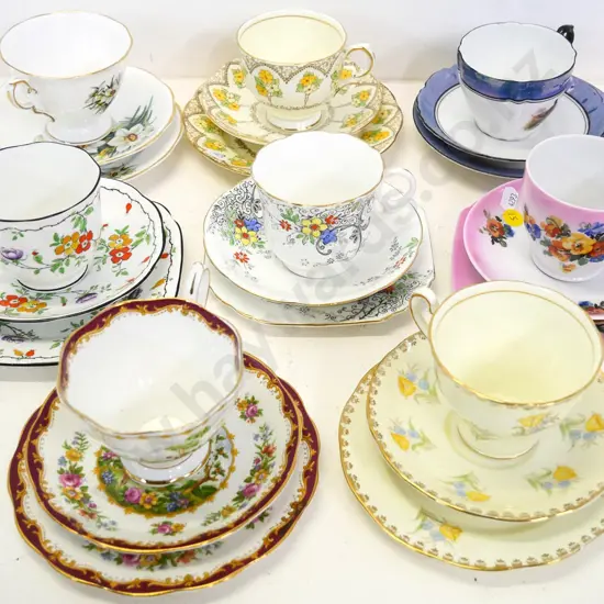 8 fine china trios including Royal Albert Chelsea Bird, Royal Standard, Salisbury, etc & 2 Czechoslovakian