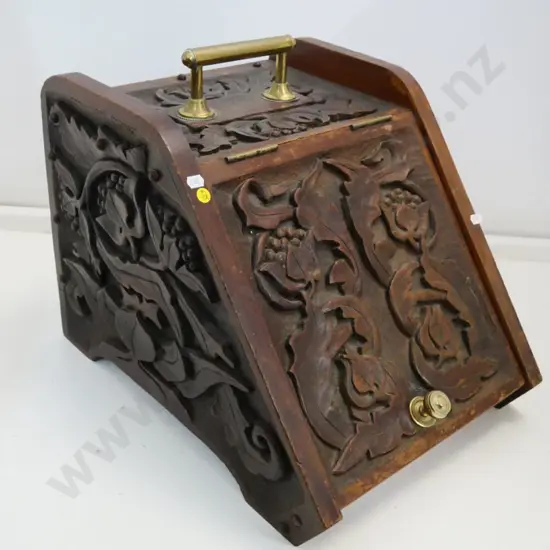 carved wooden coal scuttle with brass handle and knob, no liner. H-420 W-360 D-480